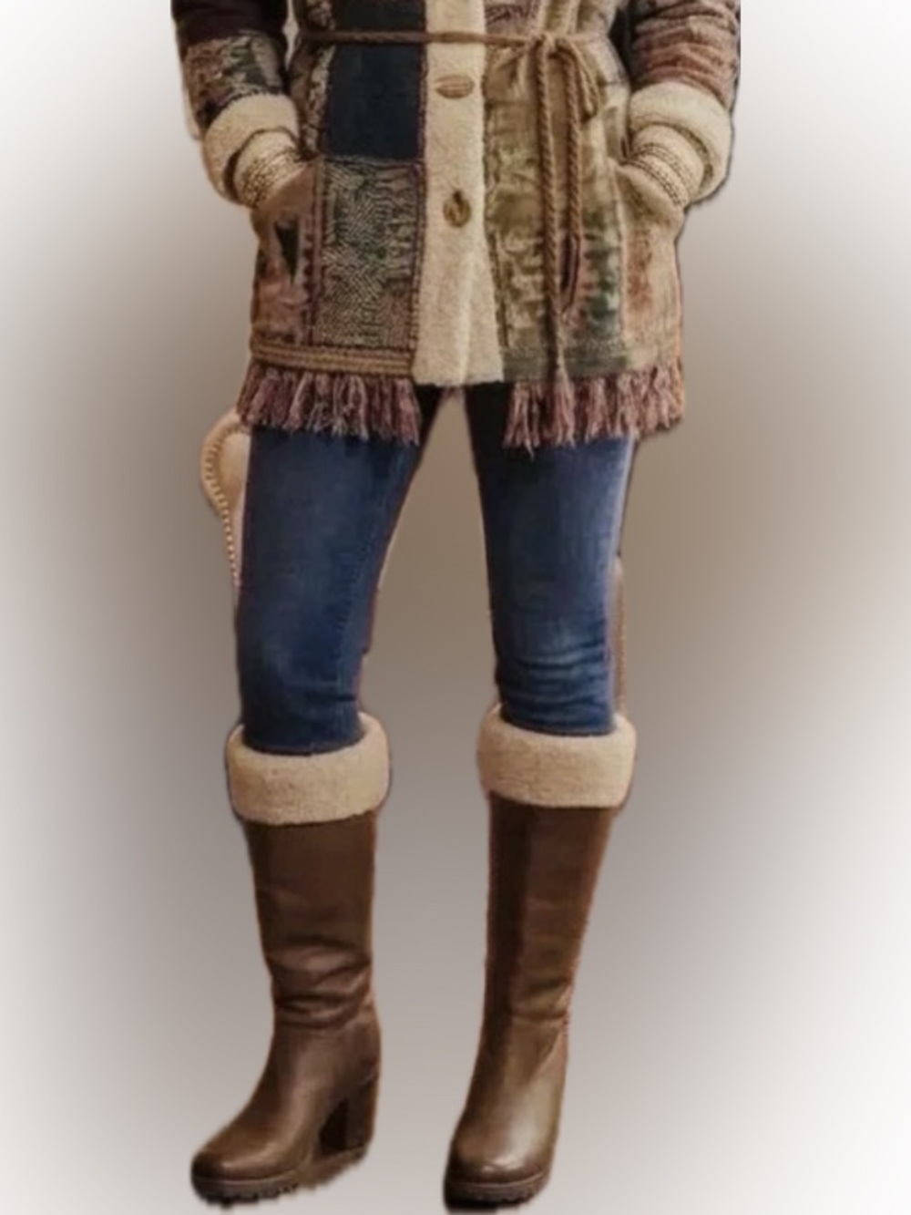 UGG Wm 7 Felicity Genuine Leather & Sheepskin Shearling Cuff -Mid Calf -Wedge